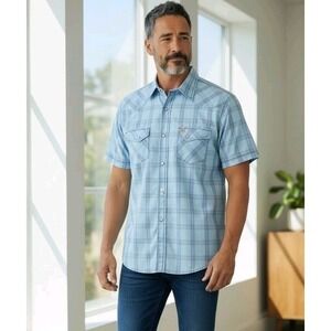 Larry Mahan Cowboy Shirt Mens M Blue Ombre Plaid Western Pearl Snap Short Sleeve
